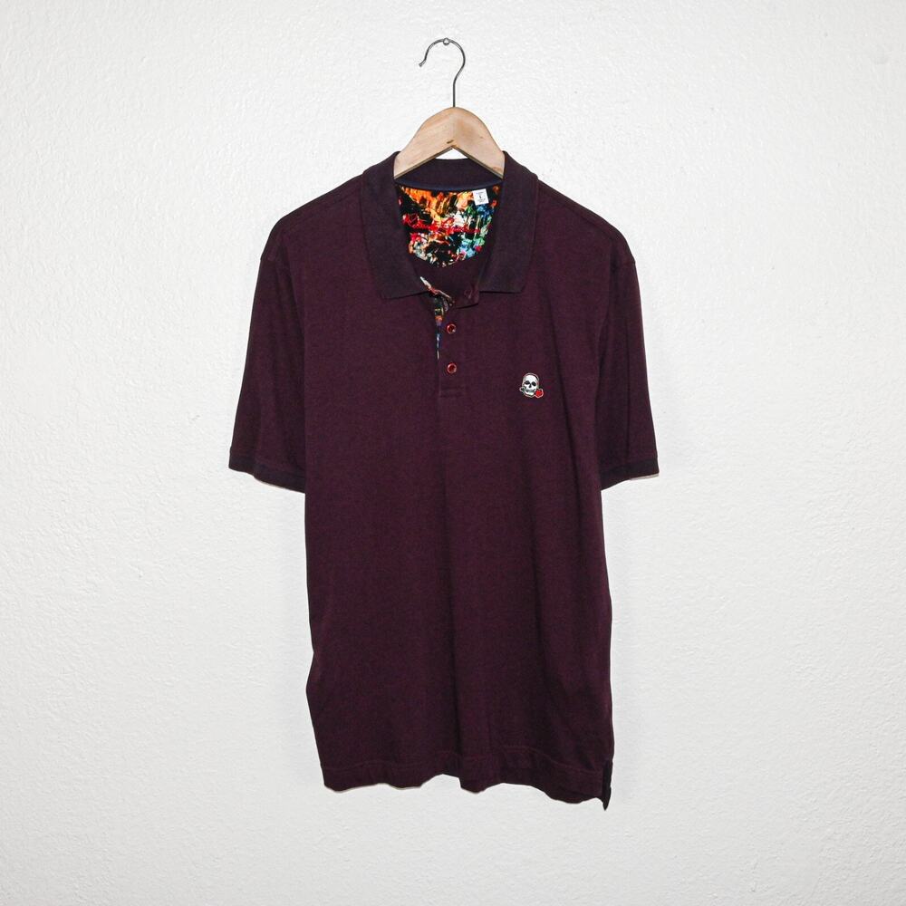 Robert Graham Men's Large Polo Shirt Skull logo in dark burgundy supima cotton